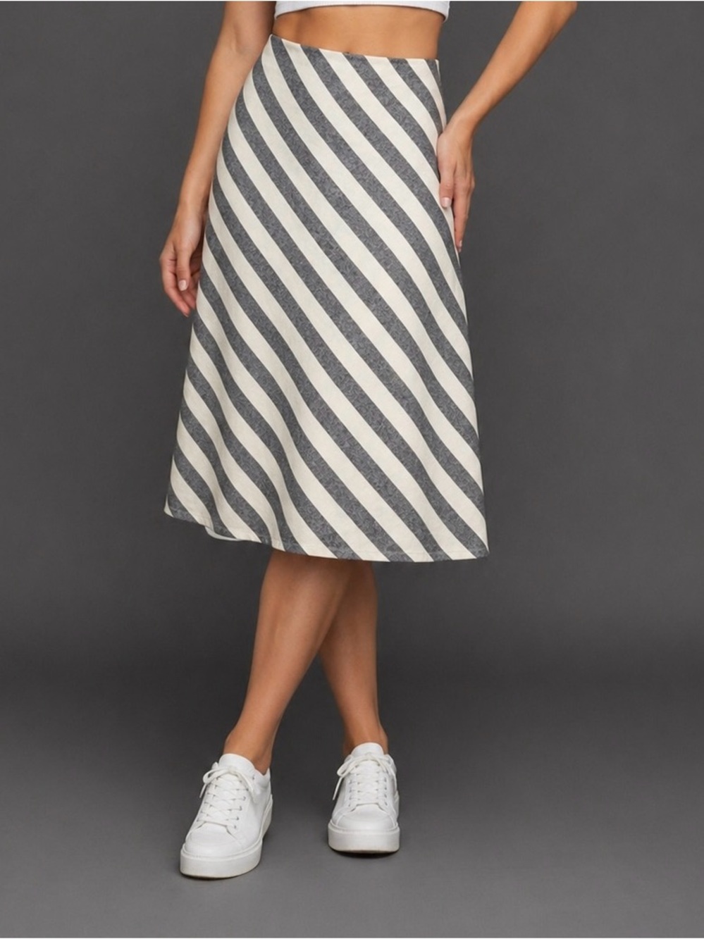 Linen Striped A-Line Midi Skirt in Cream and Gray